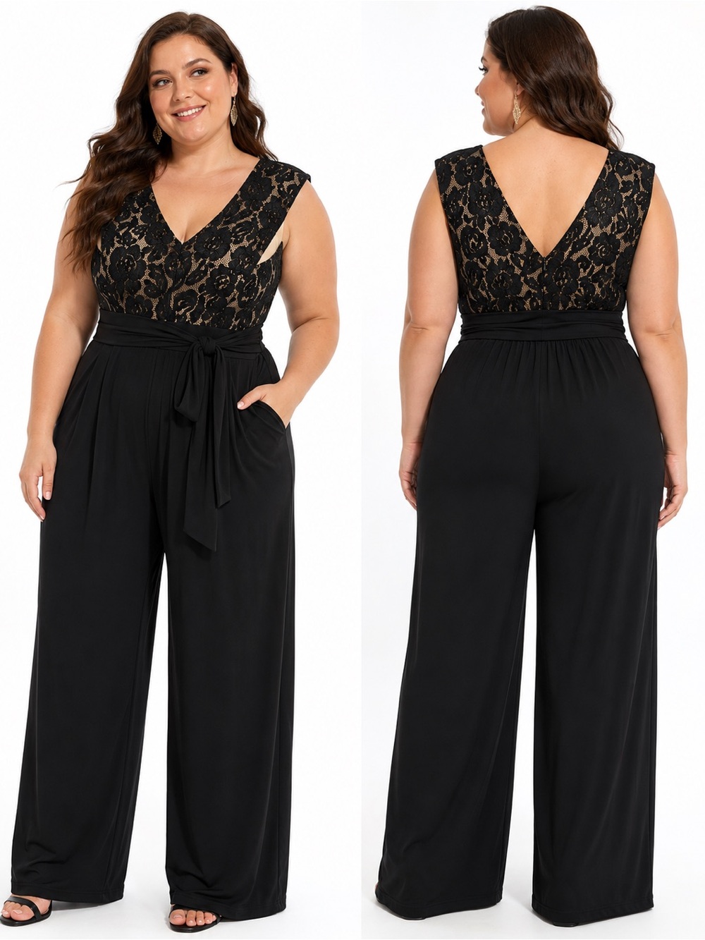 Enfocus Studio Black Lace Bodice Wide-Leg Jumpsuit